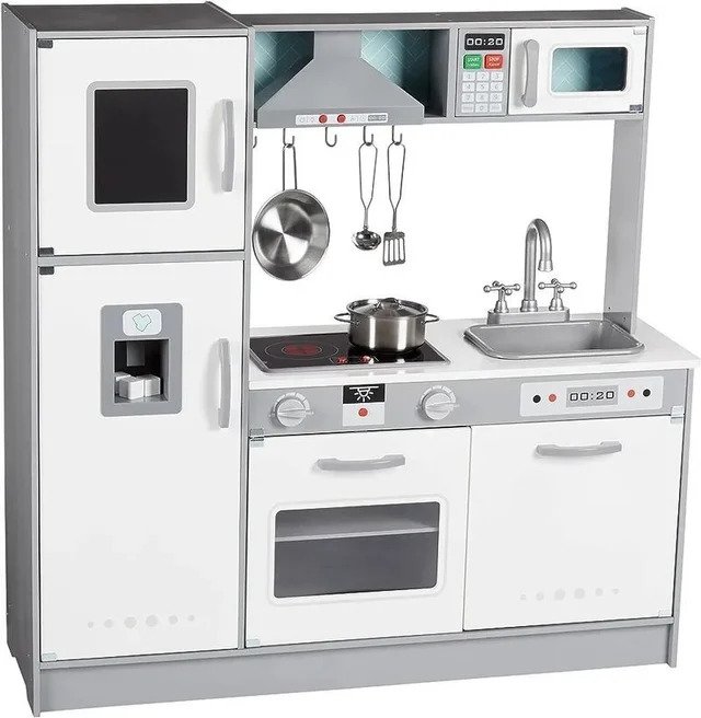 Cocina de juguete, disposición en línea, de madera
