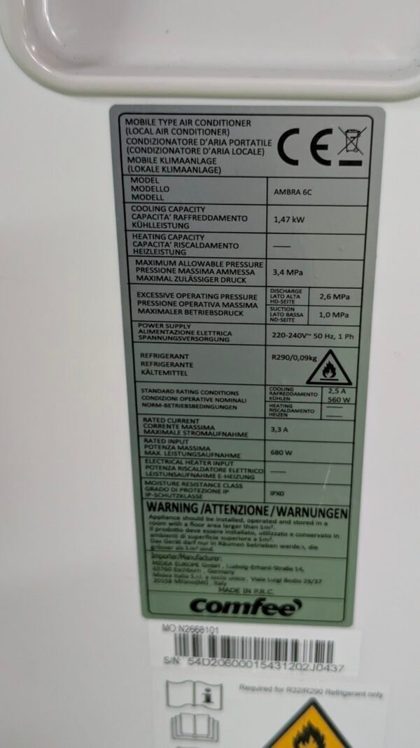 COMFEE' Aire acondicionado portátil 5000 BTU/h ámbar 6C - Imagen 12