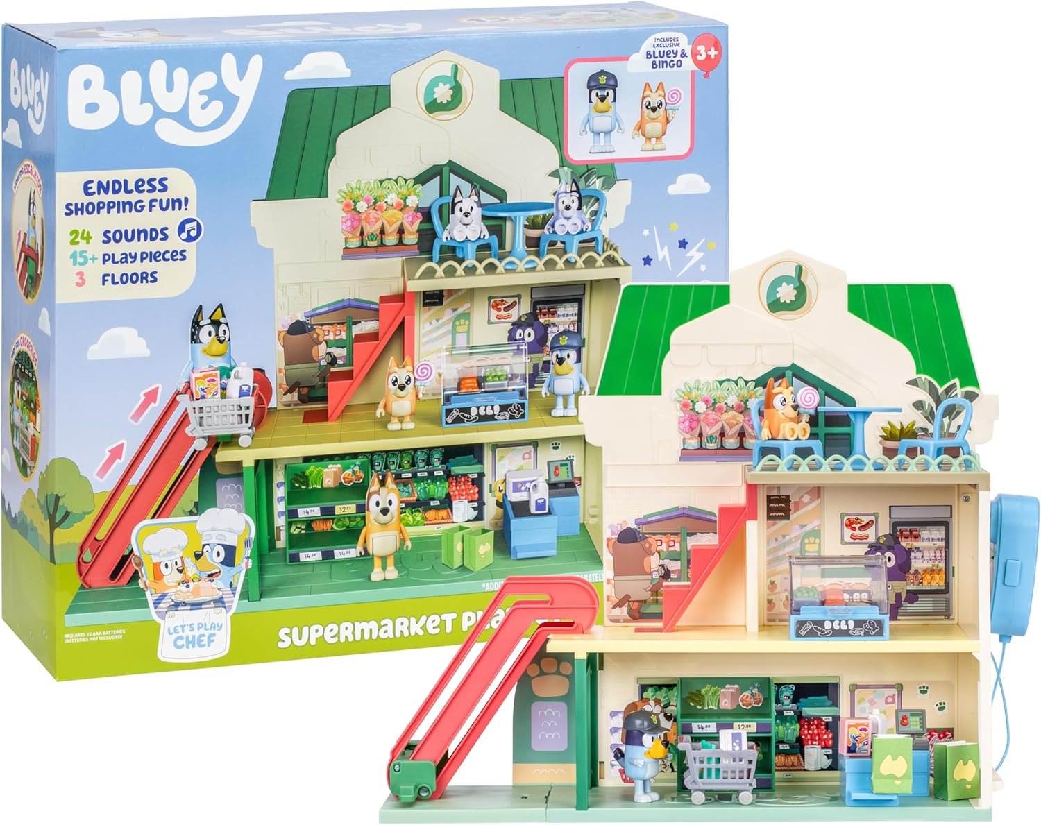 Set de Juego Supermercado de Bluey, 3 Pisos con Figuras exclusivas de Bluey y Bingo