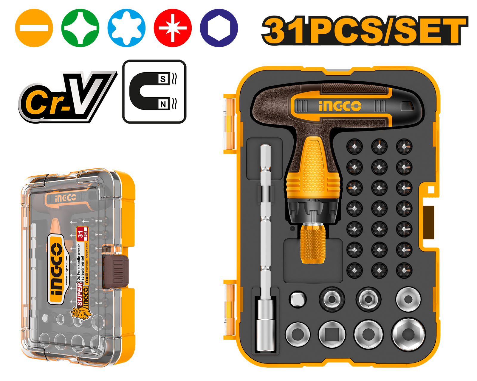 Set de destornillador 31 Piezas mango en T INGCO HKSDB0318