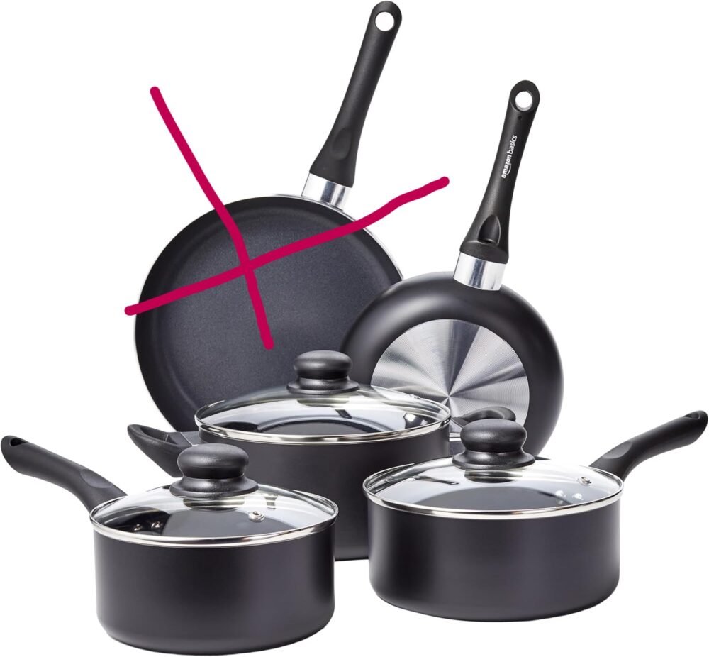 Juego de utensilios de cocina antiadherentes, 7 Unidads (4 ollas + 3 tapas) falta una sarten