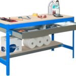 Simon Rack Mesa de Trabajo Taller, 400 kg Capacidad Carga, 842x910x610 mm, 1 Cajón, Azul/Madera