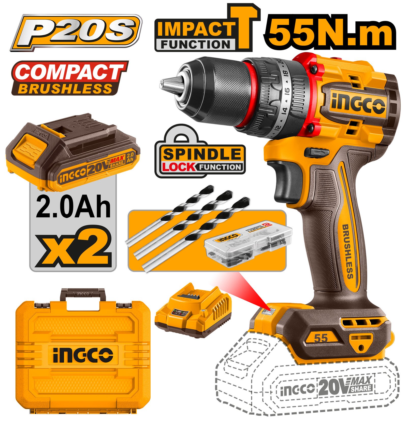 Taladro Percutor Brushless INGCO 20V - 55Nm - Mandril Metálico 13mm + 47 Accesorios - Imagen 2