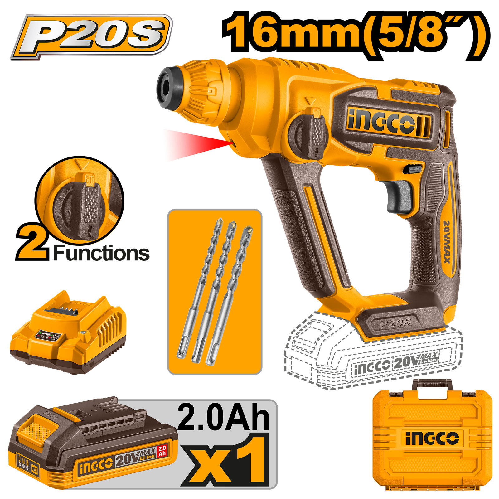 Rotomartillo Percutor a Batería 20V INGCO CRHLI201681E - 1.5J - SDS Plus