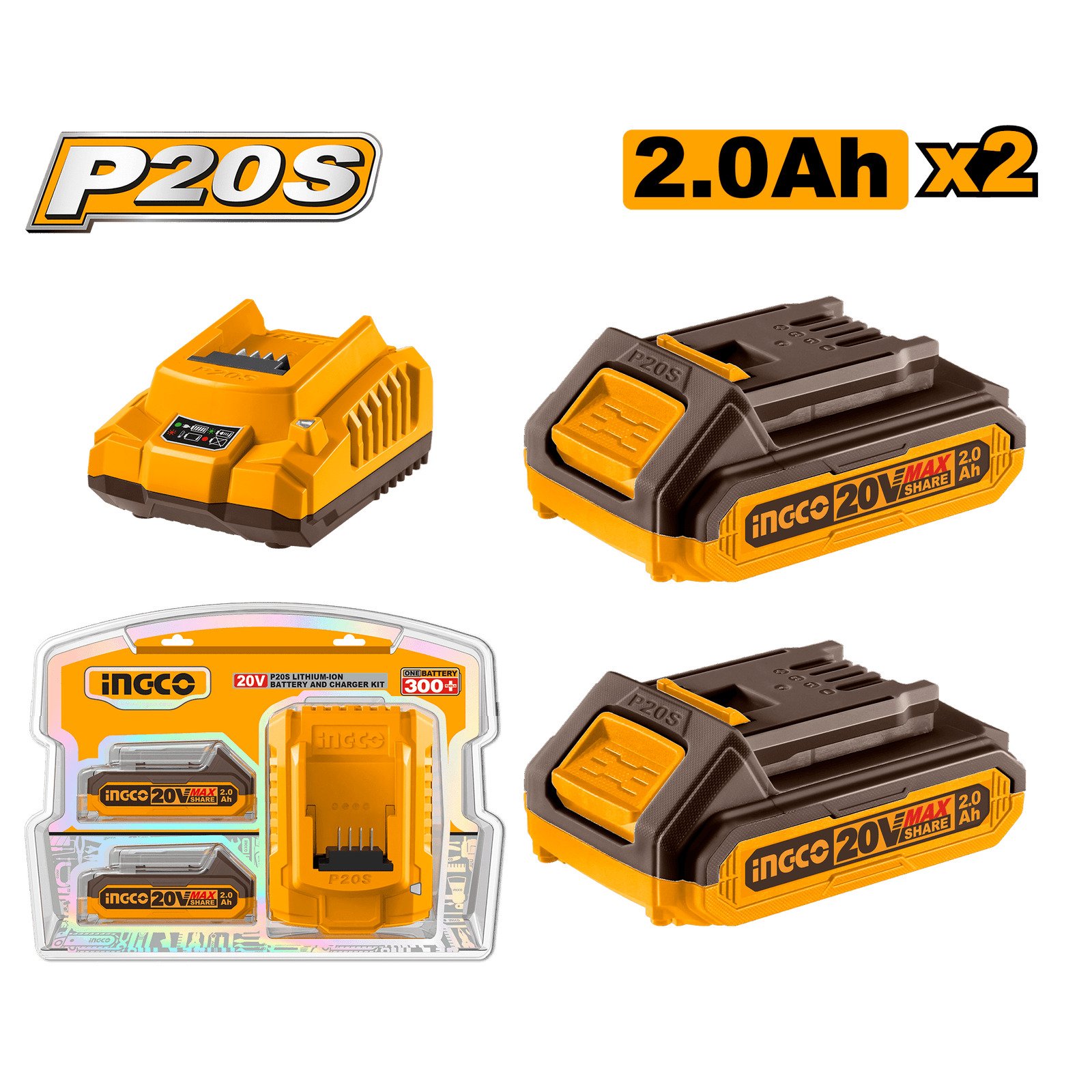 Pack de Energía INGCO 20V: 2 Baterías 2.0 Ah + Cargador Rápido - Sistema P20S