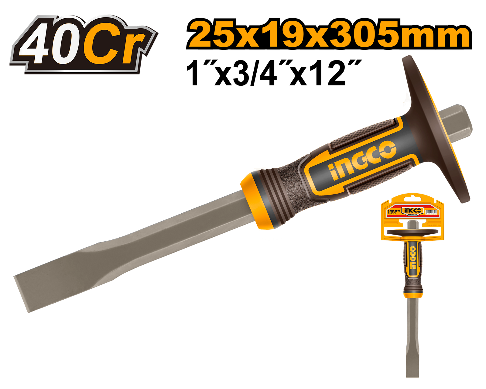 Cincel de Albañil Profesional INGCO 25mm - Acero 40Cr - Mango Ergonómico