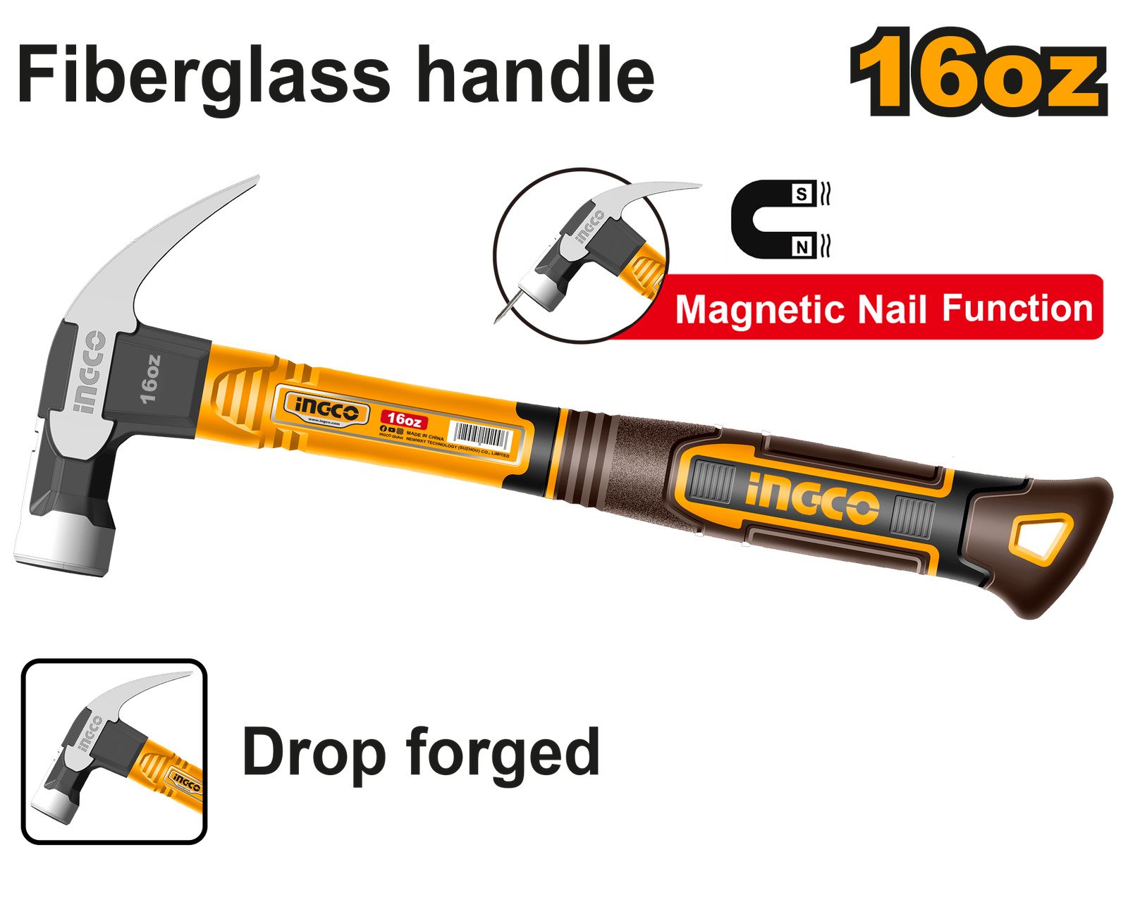 Martillo de Orejas Profesional INGCO 450g (16oz) - Soporte Magnético para Clavos