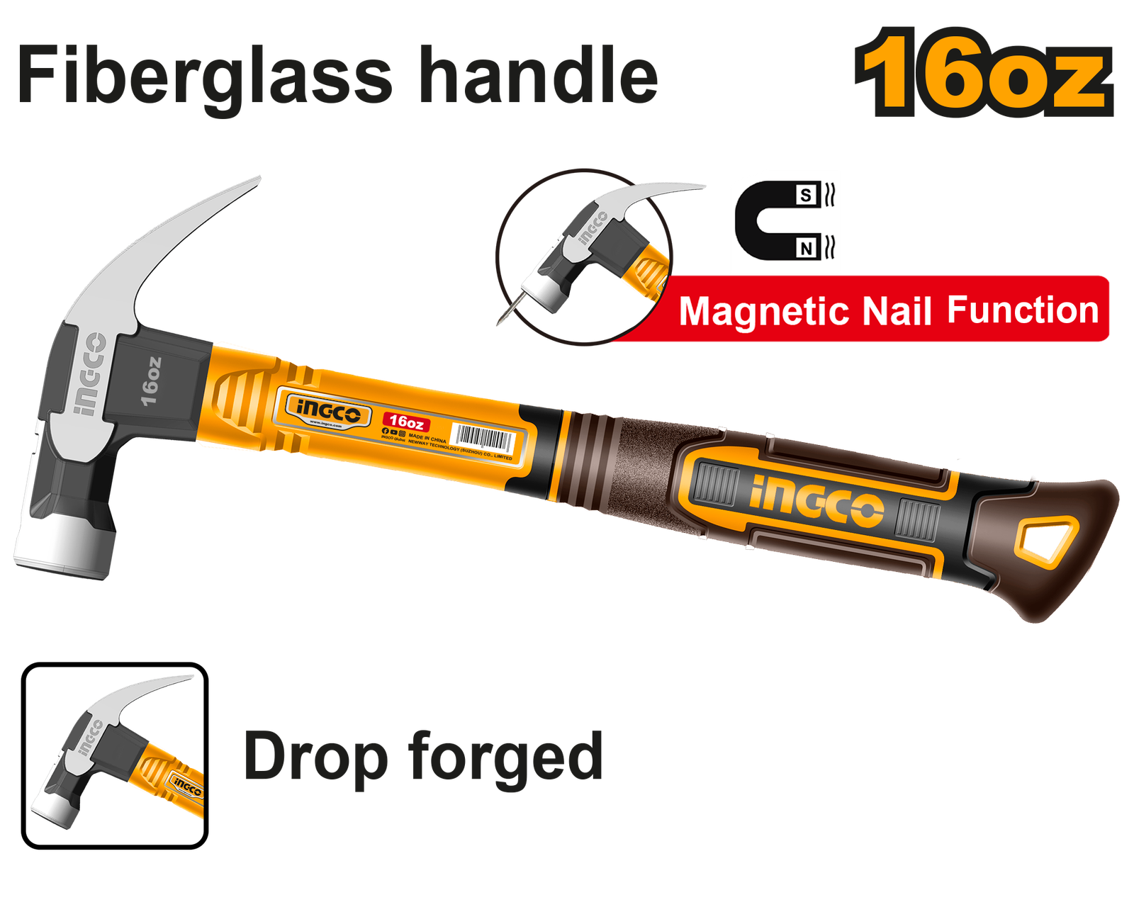 Martillo de Orejas Profesional INGCO 450g (16oz) - Soporte Magnético para Clavos