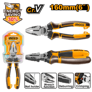 Alicate Universal Profesional INGCO 160mm (6") - 30% Más de Fuerza - Acero CR-V