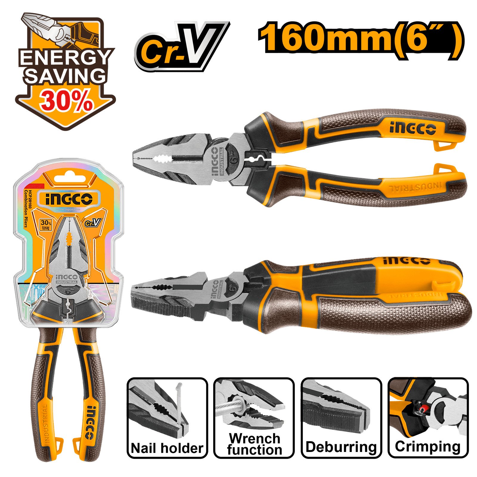 Alicate Universal Profesional INGCO 160mm (6") - 30% Más de Fuerza - Acero CR-V