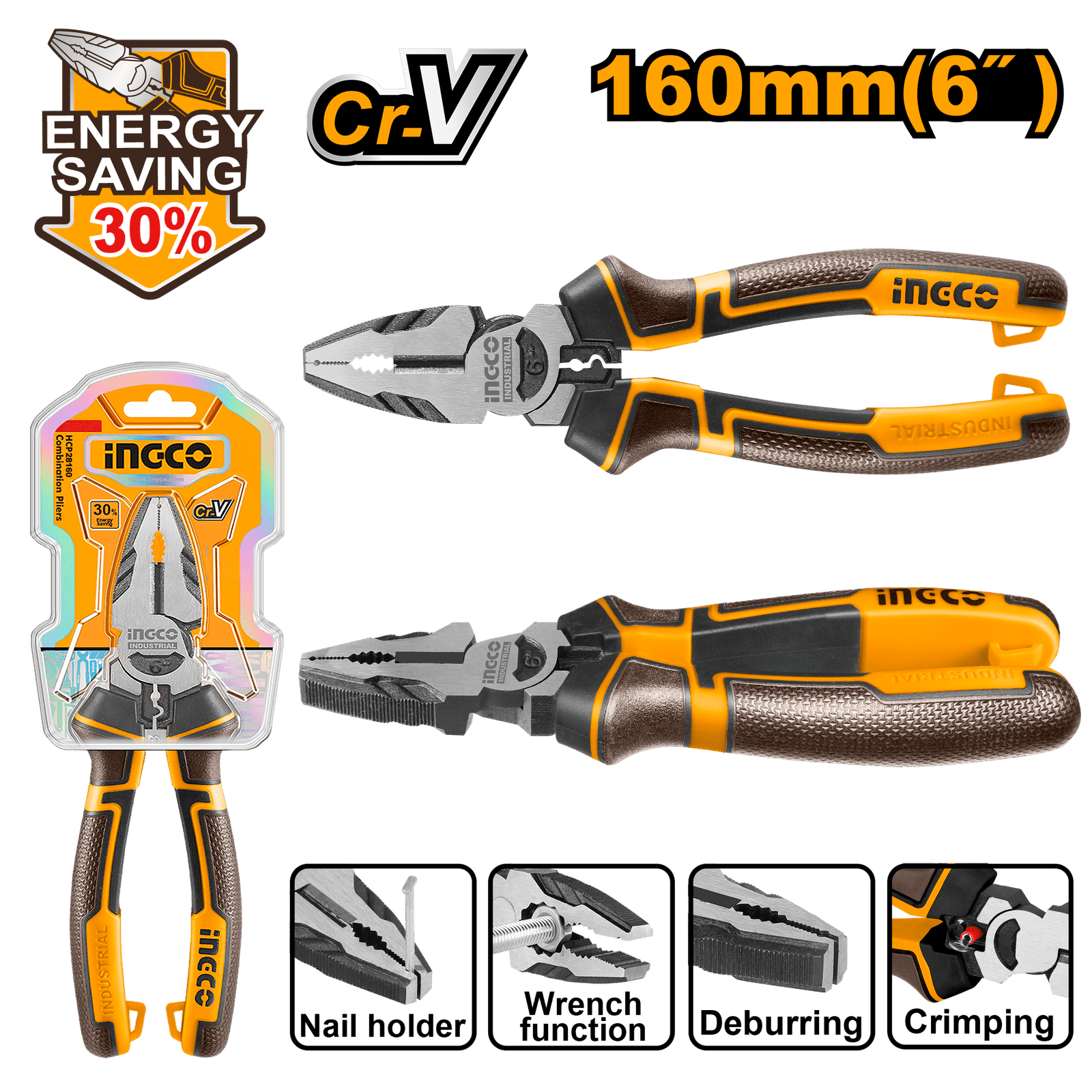 Alicate Universal Profesional INGCO 160mm (6") - 30% Más de Fuerza - Acero CR-V