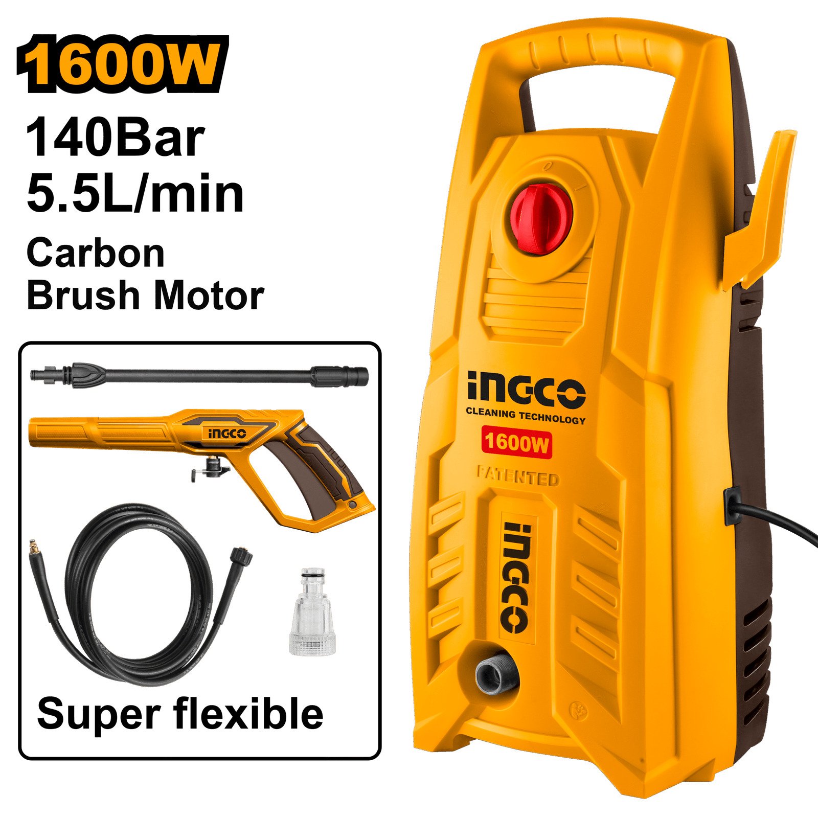 Hidrolimpiadora Alta Presión INGCO 1600W - 140 Bar (2030 PSI) - Motor 100% Cobre