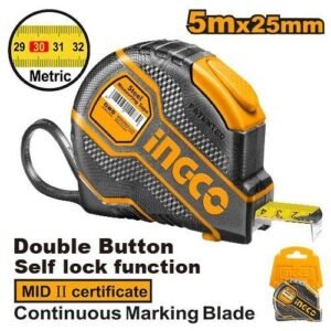 Flexómetro Profesional INGCO 5m x 25mm - Autobloqueo y Carcasa de Goma