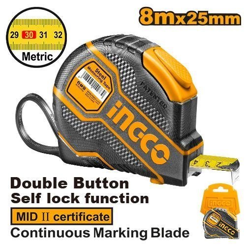 Flexómetro Profesional INGCO 8m x 25mm - Autobloqueo y Carcasa de Goma