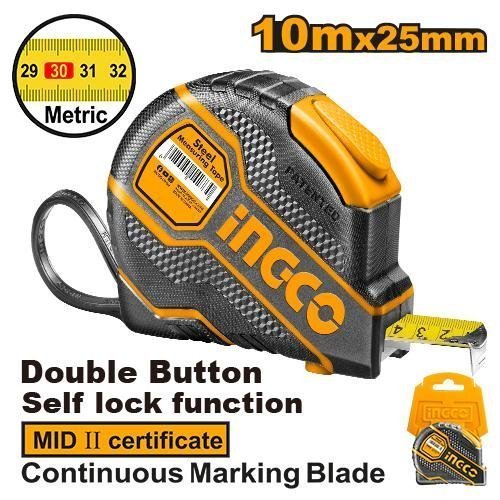 Flexómetro Profesional INGCO 10m x 25mm - Autobloqueo y Carcasa de Goma