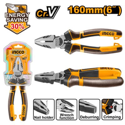 Alicate Universal Profesional INGCO 160mm (6") - 30% Más de Fuerza - Acero CR-V