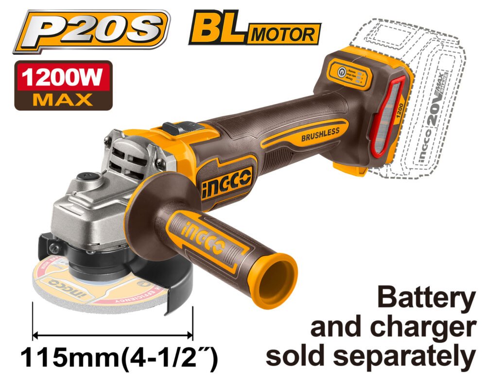Amoladora Angular Brushless INGCO 20V - Potencia 1200W - 115mm - Velocidad Variable