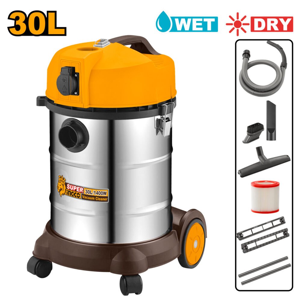 Aspirador Industrial INGCO 1400W - 30L Inox - Seco/Húmedo con Toma para Herramientas