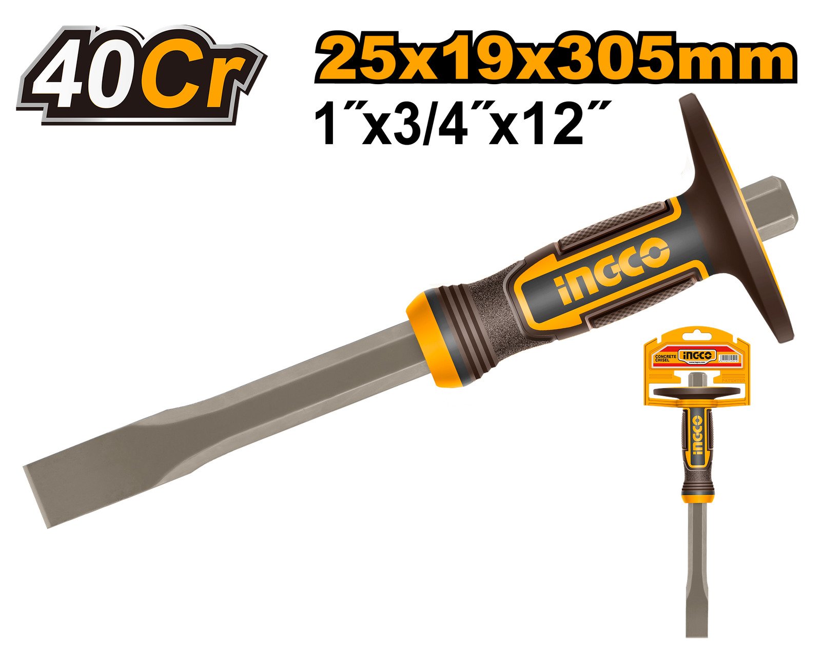 Cincel de Albañil Profesional INGCO 25mm - Acero 40Cr - Mango Ergonómico