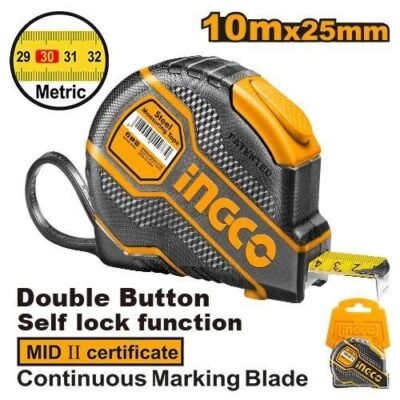 Flexómetro Profesional INGCO 10m x 25mm - Autobloqueo y Carcasa de Goma