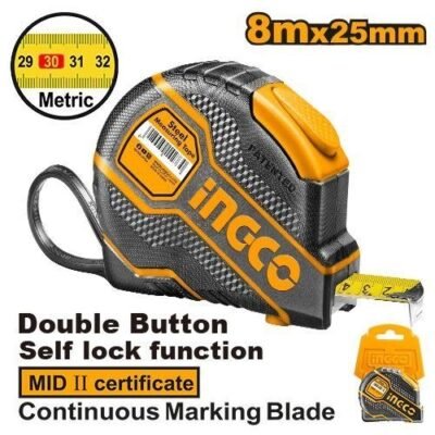 Flexómetro Profesional INGCO 8m x 25mm - Autobloqueo y Carcasa de Goma
