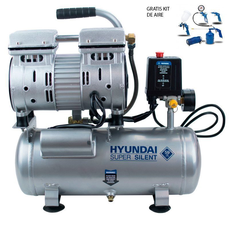 Compresor Silencioso Hyundai HYAC6-07S 6L - 0.75HP + KIT DE REGALO (5 Piezas)