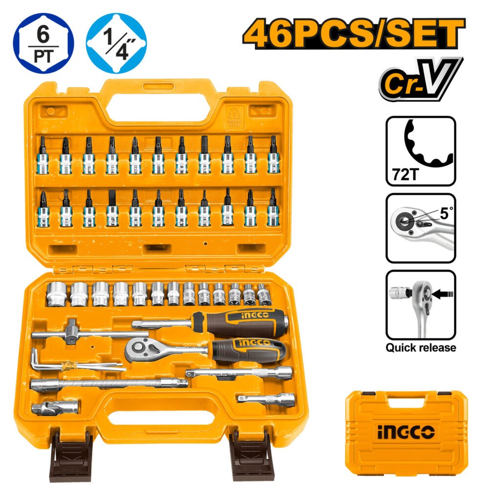 Maletín de Herramientas 45 Pcs 1/4" INGCO - Kit Completo de Vasos y Puntas