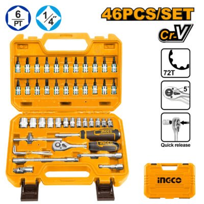 Maletín de Herramientas 45 Pcs 1/4" INGCO - Kit Completo de Vasos y Puntas