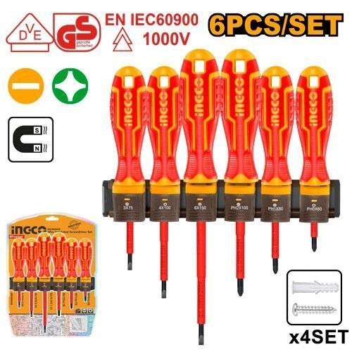 Set de 6 Destornilladores Electricista Aislados 1000V INGCO - Certificado VDE