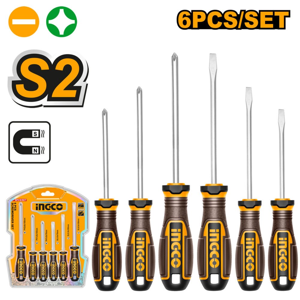 Set de 6 Destornilladores Profesionales INGCO - Acero S2 y Cr-V - Puntas Imantadas