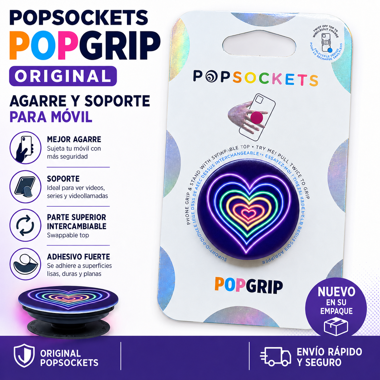PopSockets PopGrip original con corazones neón