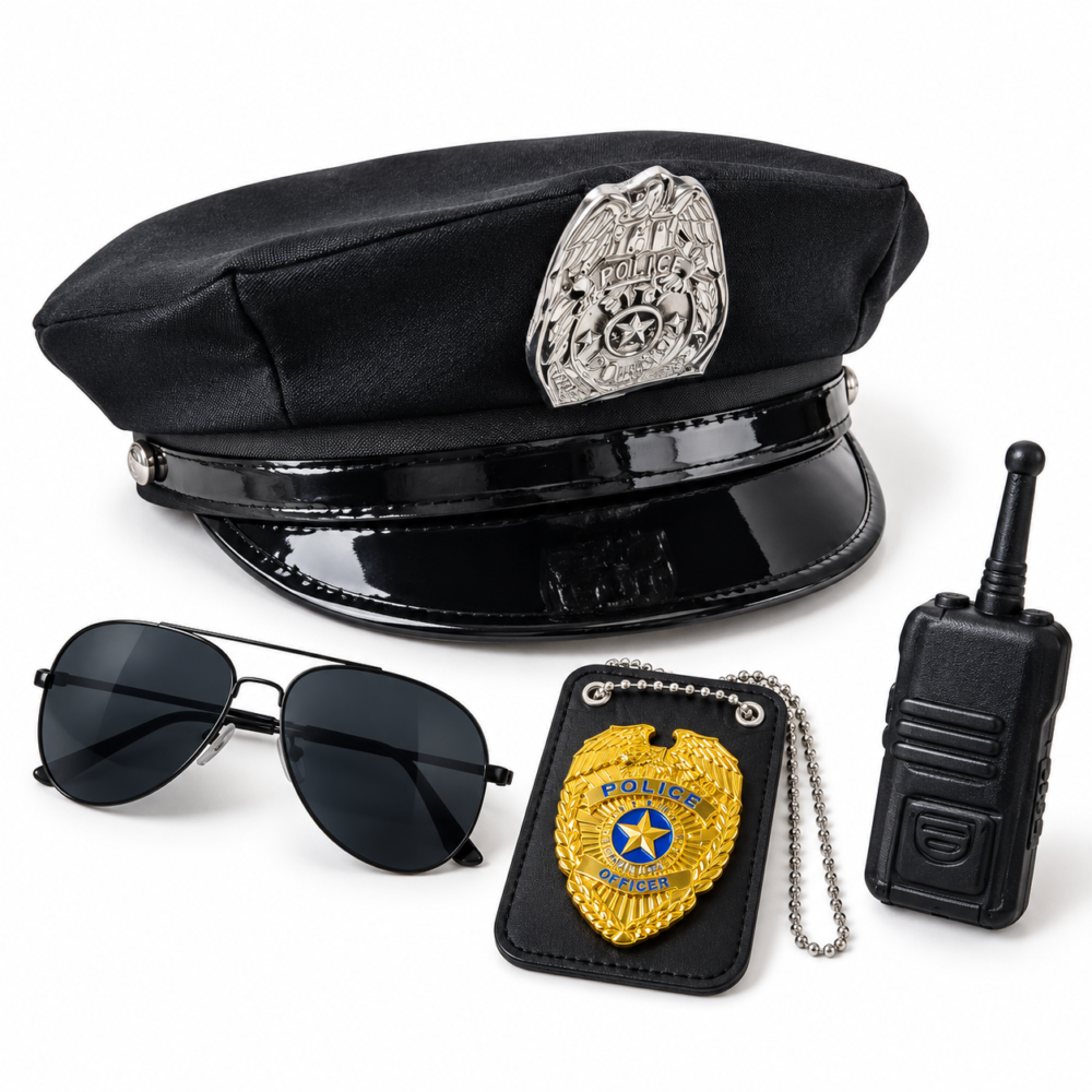 Kit de accesorios de policía para disfraz – Gorra, gafas, placa y walkie-talkie