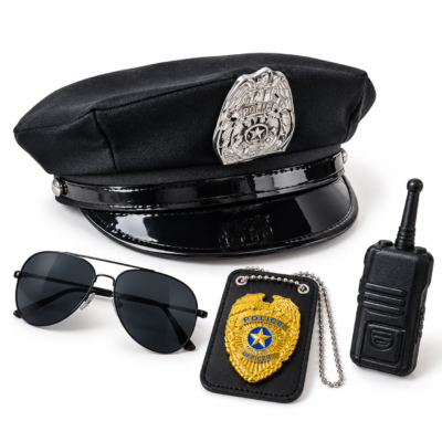 Kit de accesorios de policía para disfraz – Gorra, gafas, placa y walkie-talkie